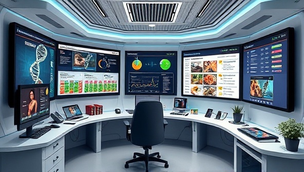 A futuristic visualization of an advanced nutrition consultancy office with high-tech gadgets and screens displaying personalized genetic profiles, dietary recommendations, and wellness plans for clients, symbolizing the cutting-edge approach of NutriGenius Tech in revolutionizing personalized nutrition.
