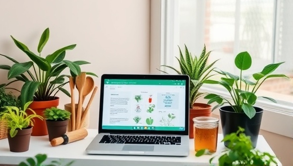 An inviting digital plant care consultation setup with a laptop displaying plant care guides, gardening tools, potted plants, and a cozy corner for plant lovers to engage in virtual consultations and greenery discussions, fostering a sense of community and growth.