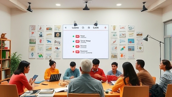 An engaging virtual language lesson setup with language books, cultural artifacts, and a diverse group of participants interacting and learning together, symbolizing the cross-cultural connections and learning opportunities provided by the platform.