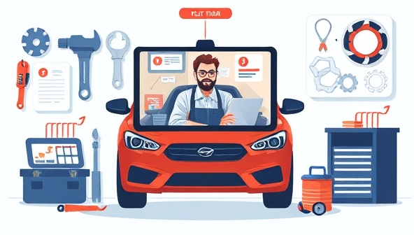 An engaging digital illustration featuring a virtual car maintenance consultation session with an expert mechanic providing advice through a video call, surrounded by a virtual garage toolbox and automotive diagrams, showcasing remote automotive support and guidance.