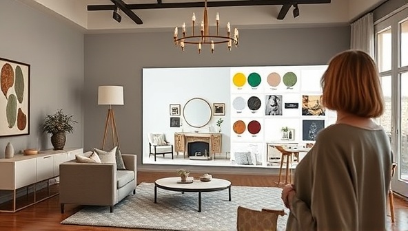 A stylish virtual design studio showcasing a designer presenting a digital mood board of a client's living room, with furniture samples, color swatches, and decor elements, creating an immersive and inspiring virtual design consultation experience.