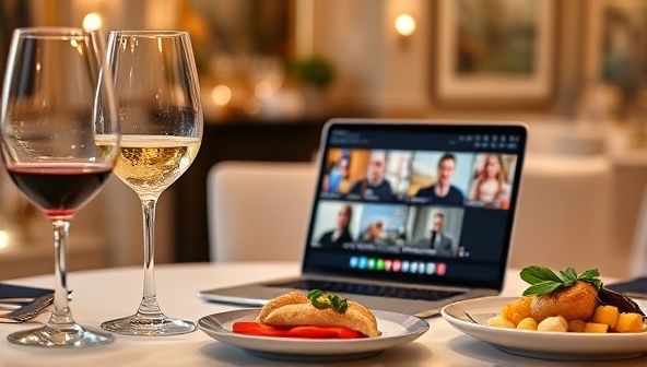 An elegant virtual event setup with wine glasses, gourmet food pairings, and a laptop displaying a live tasting session with expert speakers, creating an immersive and sophisticated atmosphere for the virtual food and wine pairing event.