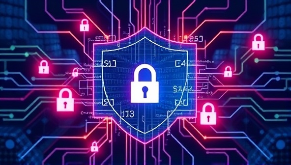An abstract representation of blockchain blocks forming a protective shield around a website interface, with digital padlocks and encrypted data streams, symbolizing the security and integrity provided by blockchain-powered web designs.
