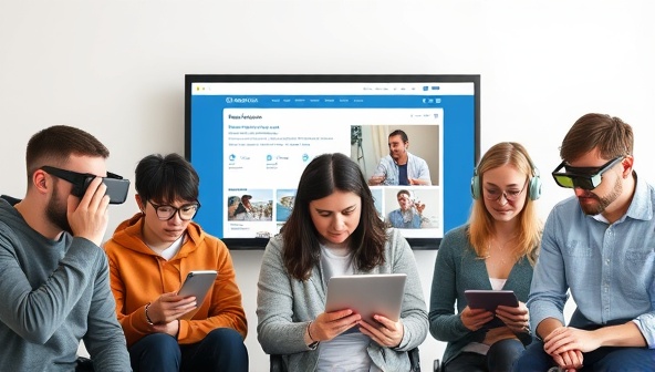 A web accessibility consultancy concept image showcasing a diverse group of individuals using assistive technologies to access a website, highlighting the importance of inclusive design and accessible digital experiences for all users.