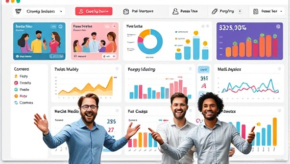 A vibrant and dynamic virtual dashboard showcasing various interactive marketing campaigns, colorful engagement metrics, and smiling business owners celebrating their social media success, conveying excitement and innovation.