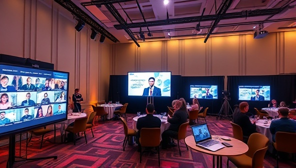 A virtual event setup with screens displaying interactive sessions, a virtual networking lounge, and engaging activities, illustrating the dynamic and engaging nature of virtual events.