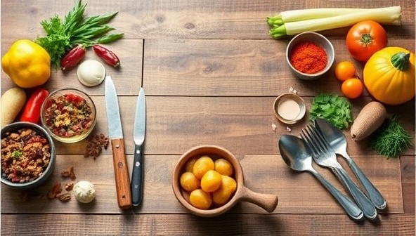 An inviting kitchen setup with colorful spices, fresh ingredients, and cooking utensils laid out on a rustic wooden table, ready for a virtual cooking class journey around the world, showcasing culinary diversity and cultural richness.