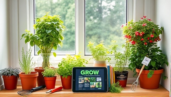 A collection of vibrant potted plants and herbs arranged on a sunny windowsill, accompanied by gardening tools, recipe books, and a tablet displaying the Grow & Graze Greens website, illustrating the concept of home gardening and culinary creativity with fresh, home-grown ingredients.