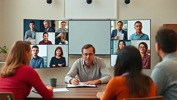 An engaging virtual workshop setup with a diverse group of participants interacting on-screen, with a prominent speaker leading a writing exercise, capturing the essence of creativity and collaboration in a virtual environment.