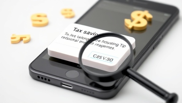An alert notification popping up on a smartphone screen with a tax-saving tip, surrounded by dollar signs and a magnifying glass, symbolizing financial insight and savings opportunities.