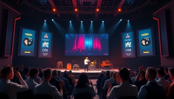 An elegant virtual concert setup with stage lights, musical instruments, and a large screen displaying a live performance, surrounded by digital audience avatars cheering and clapping, evoking a sense of exclusivity and excitement.