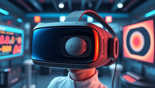 An immersive VR headset displaying a lifelike 3D representation of a product, surrounded by virtual elements that showcase the interactive and engaging experience offered by VirtuVision's product visualization service, capturing the futuristic and innovative nature of the technology.
