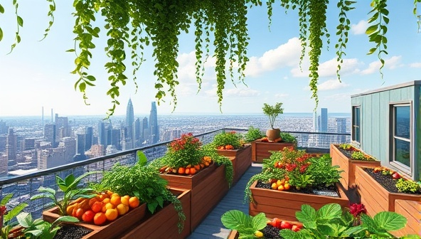 An architectural rendering of a vibrant rooftop garden oasis with cascading greenery, planter boxes filled with colorful fruits and vegetables, and a panoramic view of the city skyline in the background, illustrating the concept of SkyHarvest Urban's innovative rooftop gardening solutions in urban environments.