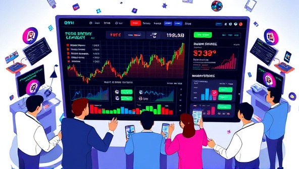 An engaging interface showing a virtual stock market dashboard with colorful graphs and charts, surrounded by animated avatars of traders making decisions and reacting to market movements, highlighting the gamified and interactive nature of the platform.