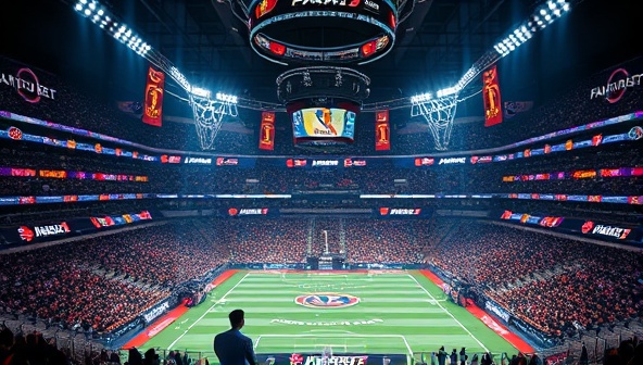 An artistic representation of a digital sports arena filled with fantasy team logos and banners, showcasing the competitive and immersive environment of FantasyBet Arena where users can engage in fantasy sports and sports betting activities.