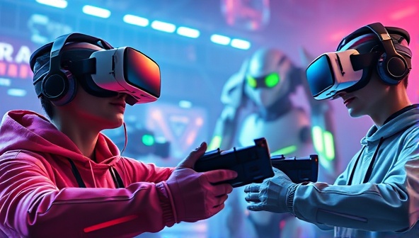 A futuristic and dynamic image of players wearing VR headsets, fully immersed in a virtual world where they are battling futuristic robots, with vivid colors and high-tech visuals creating an engaging and thrilling atmosphere.