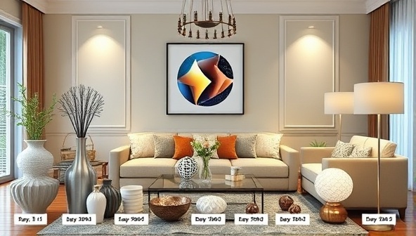 An image showcasing a beautifully decorated living room with various personalized 3D-printed home decor items like vases, sculptures, and lighting fixtures, highlighting the uniqueness and customization options of the products.