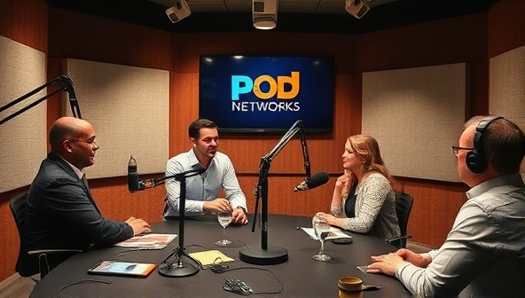 An artistic representation of a podcast recording studio with microphones, soundproof panels, and a lively discussion between real estate experts, capturing the essence of knowledge-sharing and engaging content production within the PropertyPod Network's podcast series.
