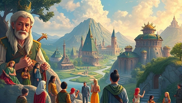 An interactive digital landscape featuring diverse characters, fantastical worlds, and engaging narratives intertwined with social media elements like likes, shares, and comments, symbolizing the fusion of traditional storytelling with modern interactive platforms.