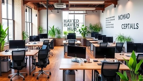 A modern and vibrant co-working space filled with sleek desks, comfortable ergonomic chairs, high-speed internet connections, lush plants, and inspirational quotes on the walls, creating a dynamic and collaborative environment that embodies the essence of Nomad Haven Hub.