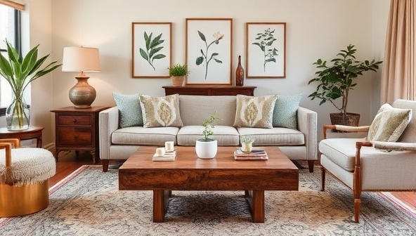 An elegant and cozy living room setup featuring artisanal rental decor items like a handcrafted wooden coffee table, a vintage rug, and botanical artwork on the walls, creating a harmonious and stylish ambiance, reflecting the essence of Artisan Abode Rentals.
