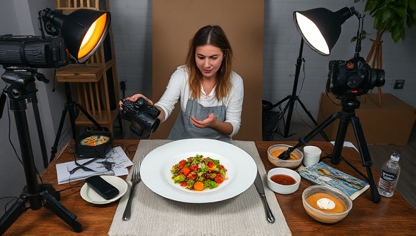 An artistic and educational food photography workshop setting with a photographer demonstrating lighting techniques on a beautifully plated dish, surrounded by photography equipment, props, and digital editing tools, conveying the creativity and technical skills taught at Pixel Palate's virtual workshops.