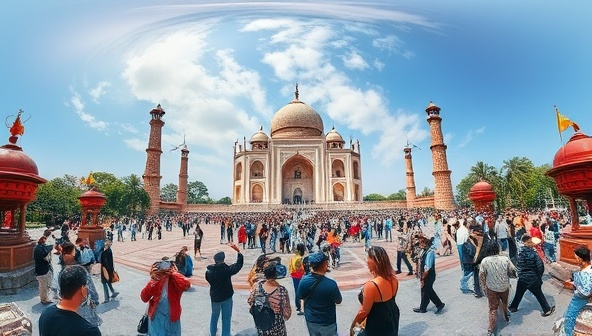 An immersive virtual reality scene featuring a stunning panoramic view of a famous landmark, surrounded by vibrant cultural elements, bustling crowds, and interactive tour guides, creating a lifelike and captivating travel exploration experience that transports users to distant destinations.
