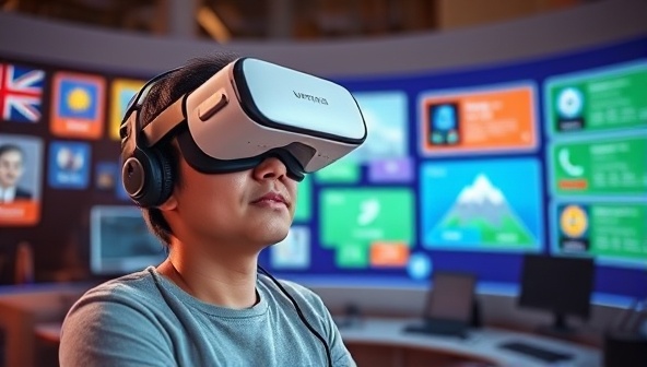 An engaging visual of a user wearing a virtual reality headset, immersed in a virtual language learning environment with interactive games and lessons, showcasing the platform's innovative approach to language education.