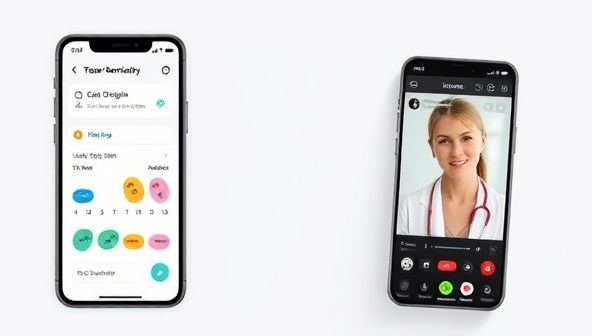 An engaging and modern app interface showing a smartphone screen with colorful pill icons, a calendar for scheduling medication reminders, and a video call feature for virtual consultations with healthcare providers, illustrating convenience and accessibility.