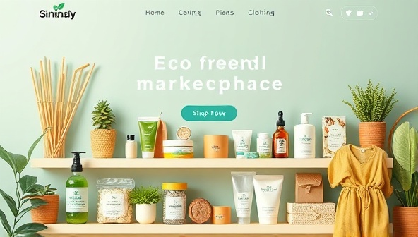 An appealing and vibrant online marketplace homepage displaying a variety of eco-friendly products such as reusable straws, organic skincare items, upcycled homeware, and plant-based clothing, capturing the essence of sustainability and conscious consumerism.