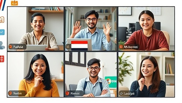 A virtual language exchange session depicted with diverse individuals engaging in conversations in different languages via video calls, showcasing cultural exchange and language immersion.