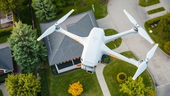 An aerial view captured by a drone showing a residential property with detailed features and surroundings, demonstrating the precision and versatility of drone property inspection services in assessing property conditions from a unique perspective.