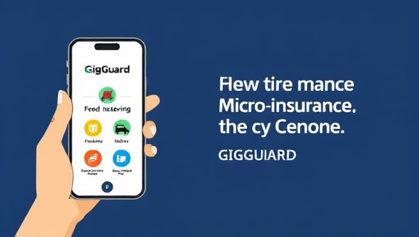 An illustration of a smartphone displaying the GigGuard app interface, with different gig icons representing services like food delivery, ride-sharing, and freelance work, showcasing the versatility and accessibility of micro-insurance.
