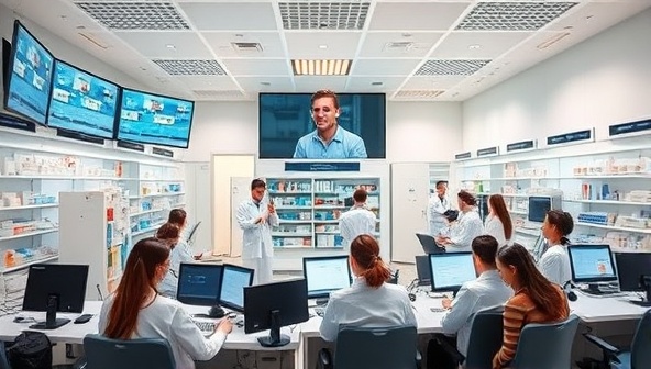 An online learning environment with virtual pharmacy labs, interactive course modules, and diverse students engaging in pharmaceutical training activities, reflecting the dynamic and engaging nature of online education in the pharmaceutical industry.
