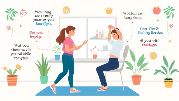 A vibrant illustration of a wellness coach guiding a client through virtual exercise sessions, surrounded by motivational quotes and healthy lifestyle imagery, reflecting the supportive and transformative experience offered by WellnessWave Coaching.