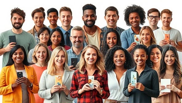 A digital collage of diverse influencers representing different niches and demographics, each holding a product or service relevant to their audience, symbolizing the diverse reach and influence of the agency.