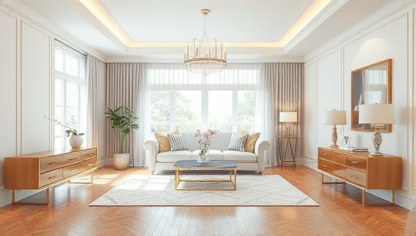 An elegant room visualization with virtual design elements overlaying a real space, illustrating the transformation potential of virtual interior design consultations and the fusion of digital and physical environments.