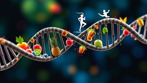 An intriguing image of a DNA double helix intertwined with wellness symbols like fruits, yoga poses, and running shoes, representing the fusion of genetics and wellness offered by GeneWell Insight's personalized health analysis service.