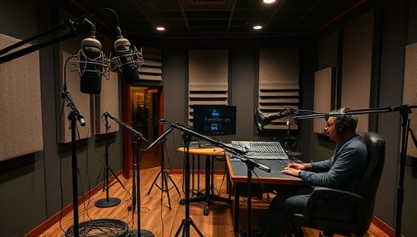An immersive audio recording studio setup with professional microphones, soundproofing panels, and a sound engineer mixing audio tracks, capturing the essence of creating captivating audio stories and podcasts for SoundSagas subscribers.