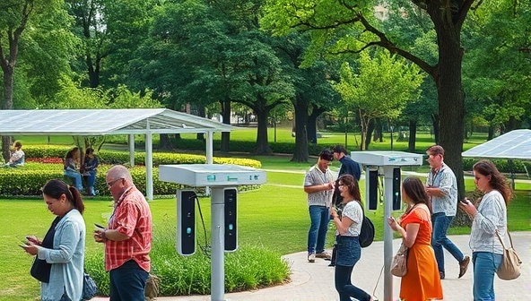 A bustling park scene with a group of people using solar-powered charging stations to charge their smartphones and tablets, surrounded by lush greenery and solar panels, illustrating the concept of sustainable technology integration in public spaces.