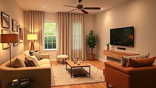 An image of a cozy living room with smart home devices seamlessly integrated, showcasing the convenience and modernity of the retrofit kits in action.