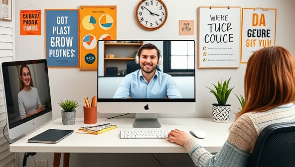A virtual workspace setup with a remote productivity coach providing guidance to a client via video call, surrounded by digital tools and motivational posters, showcasing a dynamic and supportive remote coaching environment.