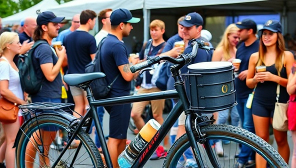A sleek and stylish nitro coffee bike setup with a nitrogen tap system, serving up velvety cold brew coffee in biodegradable cups, surrounded by a crowd of intrigued customers enjoying their nitrogen-infused coffee drinks at an outdoor event.