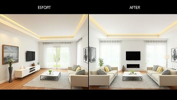 A virtual living room design visualization with a side-by-side comparison of the existing space and the proposed design transformation, showcasing the virtual design consultancy services of DesignScape Vision through a realistic and inspiring home makeover concept.