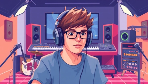 A dynamic digital illustration showing a student wearing headphones, immersed in a virtual studio environment with musical instruments and mixing equipment, symbolizing creativity and learning in music production.