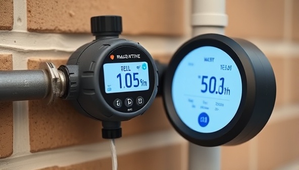 An innovative smart water meter attached to a residential water pipe, displaying real-time water consumption data on a digital screen, with a happy homeowner adjusting their usage based on the information, promoting efficient water management.