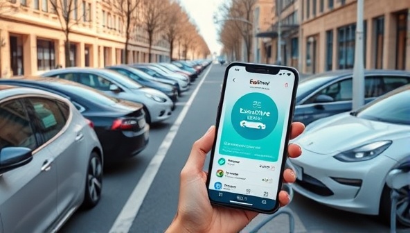 An urban street scene showcasing a diverse range of electric car models parked at charging stations, with a smartphone displaying the EcoDrive Subscription app interface, illustrating the convenience and modern approach to sustainable mobility.