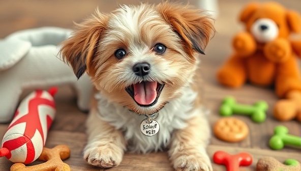 A cute and playful scene with a furry pet happily wearing a customized pet tag, showcasing the tag's design and engraving details, surrounded by pet toys and treats, capturing the joy and personal touch of the product.