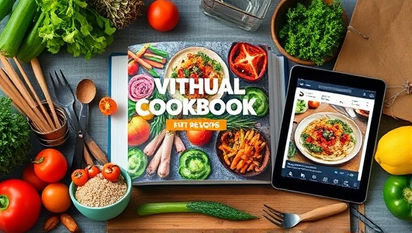 An artistic representation of a virtual cookbook filled with vibrant and appetizing fitness recipes, surrounded by fresh ingredients, kitchen utensils, and a digital tablet displaying a cooking tutorial, conveying the essence of culinary creativity and healthy eating in FitFlavors Subscriptions.