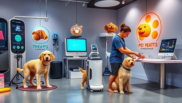 A modern pet grooming studio setup with high-tech grooming equipment, pets enjoying interactive treats and gadgets, a pet groomer using advanced grooming tools, and a tech-infused grooming station with a sleek logo displaying 